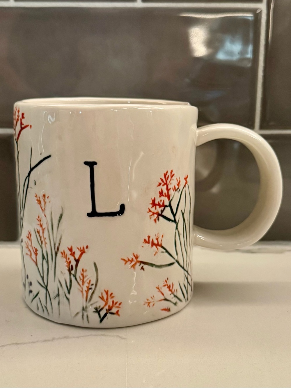 Anthropologie White “L” Mug with Black Monogram and Floral Accents